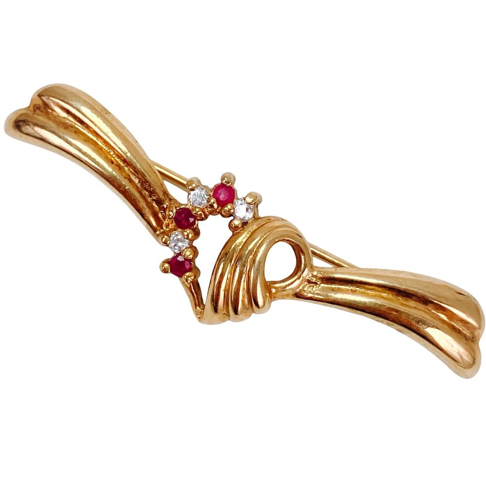 Vintage Heart Ribbon Pin JC Signed Mid Century Gold Filled Bar Brooch Red Ruby